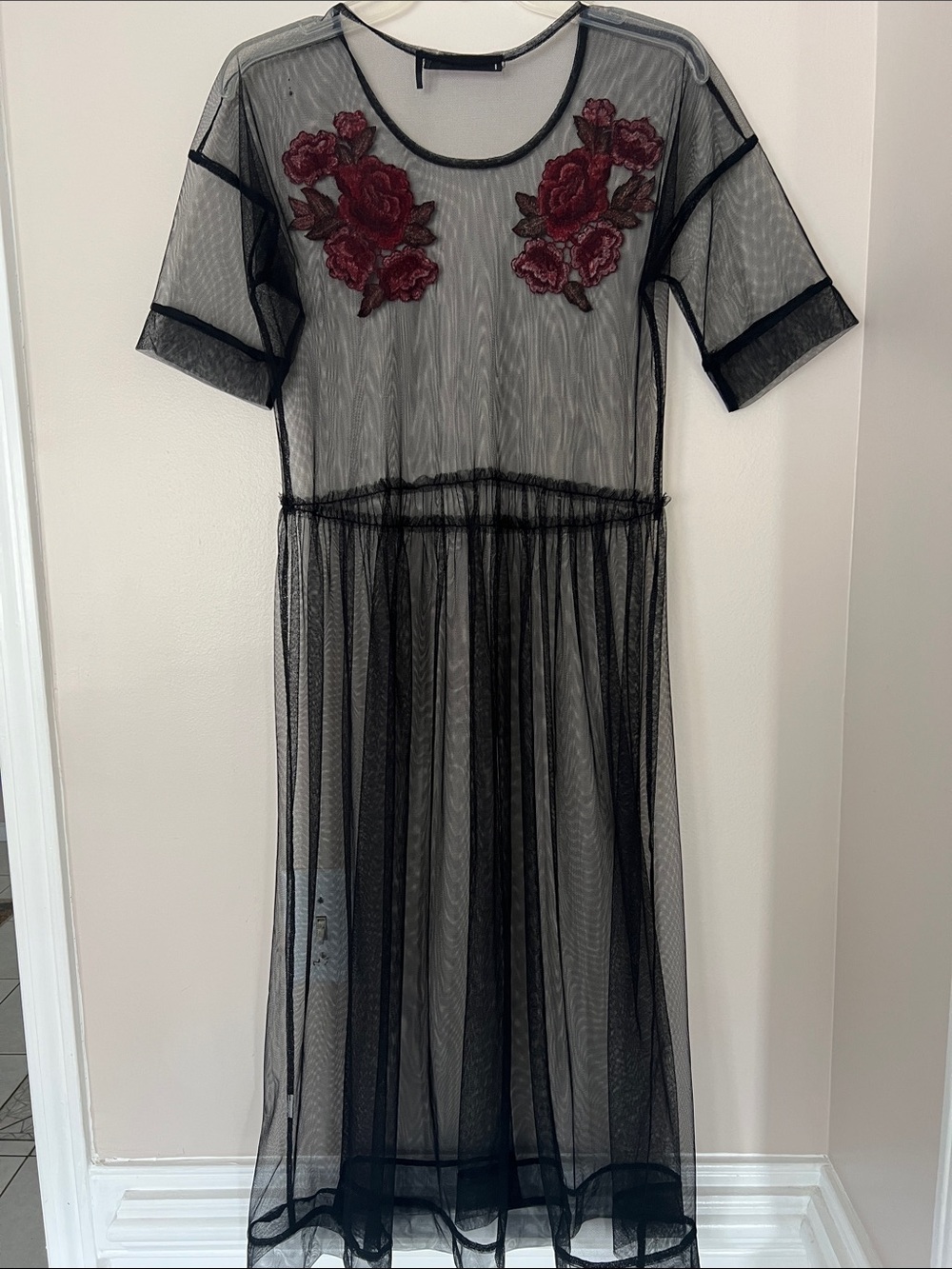 Forever 21 Black Sheer Mesh Dress with Pink Rose Embroidery - Women - Picture 3 of 6